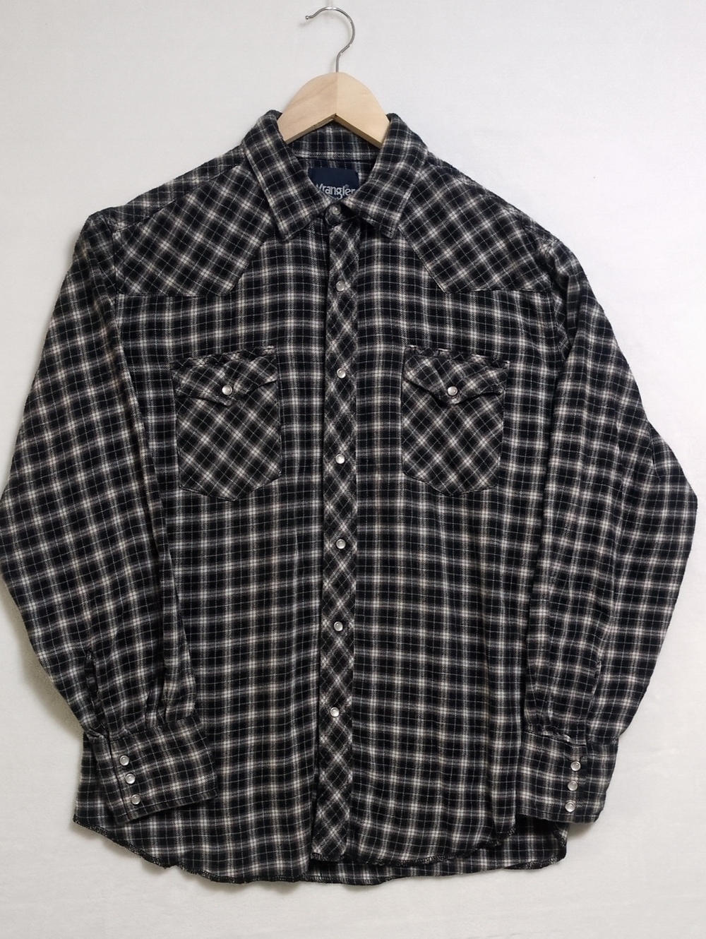 Wrangler Plaid Pearl Snap Western Shirt Flannel Large Black Blue White L
